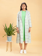 BohoJazz White Leaf Green Check Linen Jacket with Solid Linen Dress - Distacart