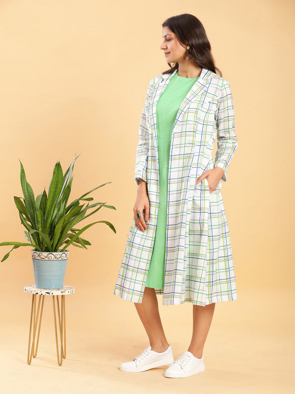 BohoJazz White Leaf Green Check Linen Jacket with Solid Linen Dress - Distacart