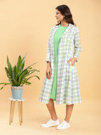 BohoJazz White Leaf Green Check Linen Jacket with Solid Linen Dress - Distacart