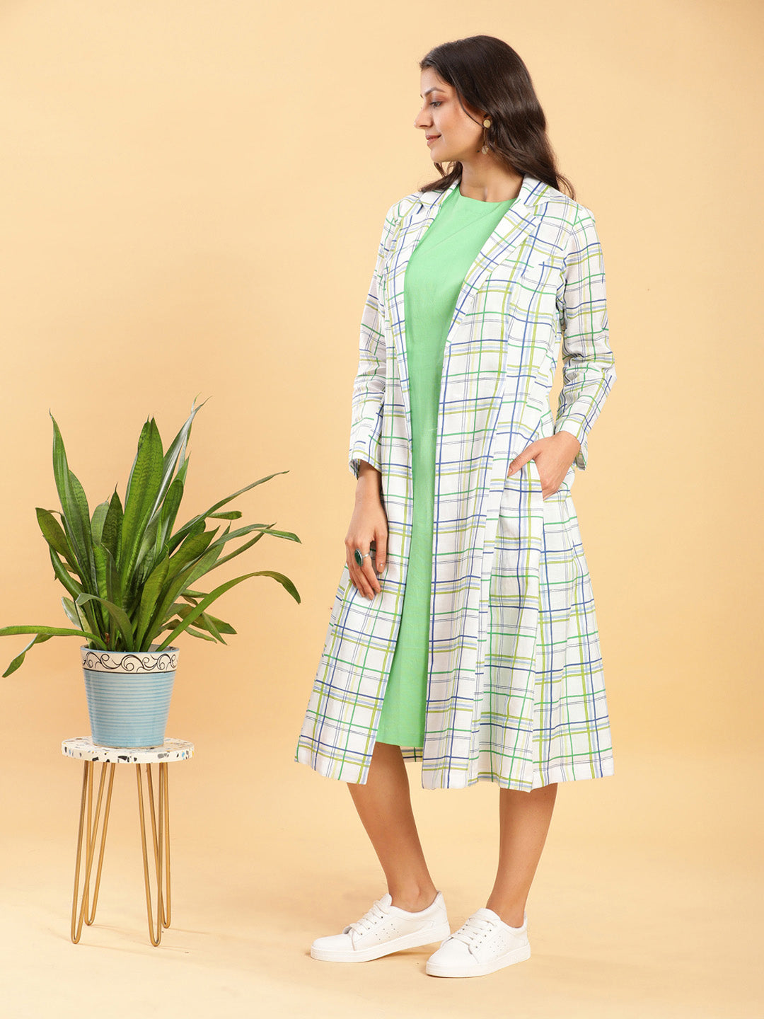 BohoJazz White Leaf Green Check Linen Jacket with Solid Linen Dress - Distacart