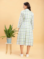BohoJazz White Leaf Green Check Linen Jacket with Solid Linen Dress - Distacart