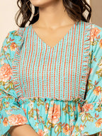 Yufta Teal Green Cotton Floral Print Tiered Dress With Ruffles - Distacart