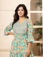Yufta Teal Green Cotton Floral Print Tiered Dress With Ruffles - Distacart