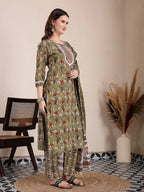 Yufta Green Cotton Lace Work On Yoke Straight Kurta Dupatta Pant Set