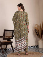 Yufta Green Cotton Lace Work On Yoke Straight Kurta Dupatta Pant Set