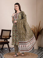 Yufta Green Cotton Lace Work On Yoke Straight Kurta Dupatta Pant Set