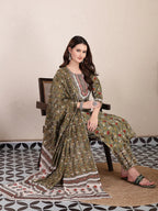 Yufta Green Cotton Lace Work On Yoke Straight Kurta Dupatta Pant Set