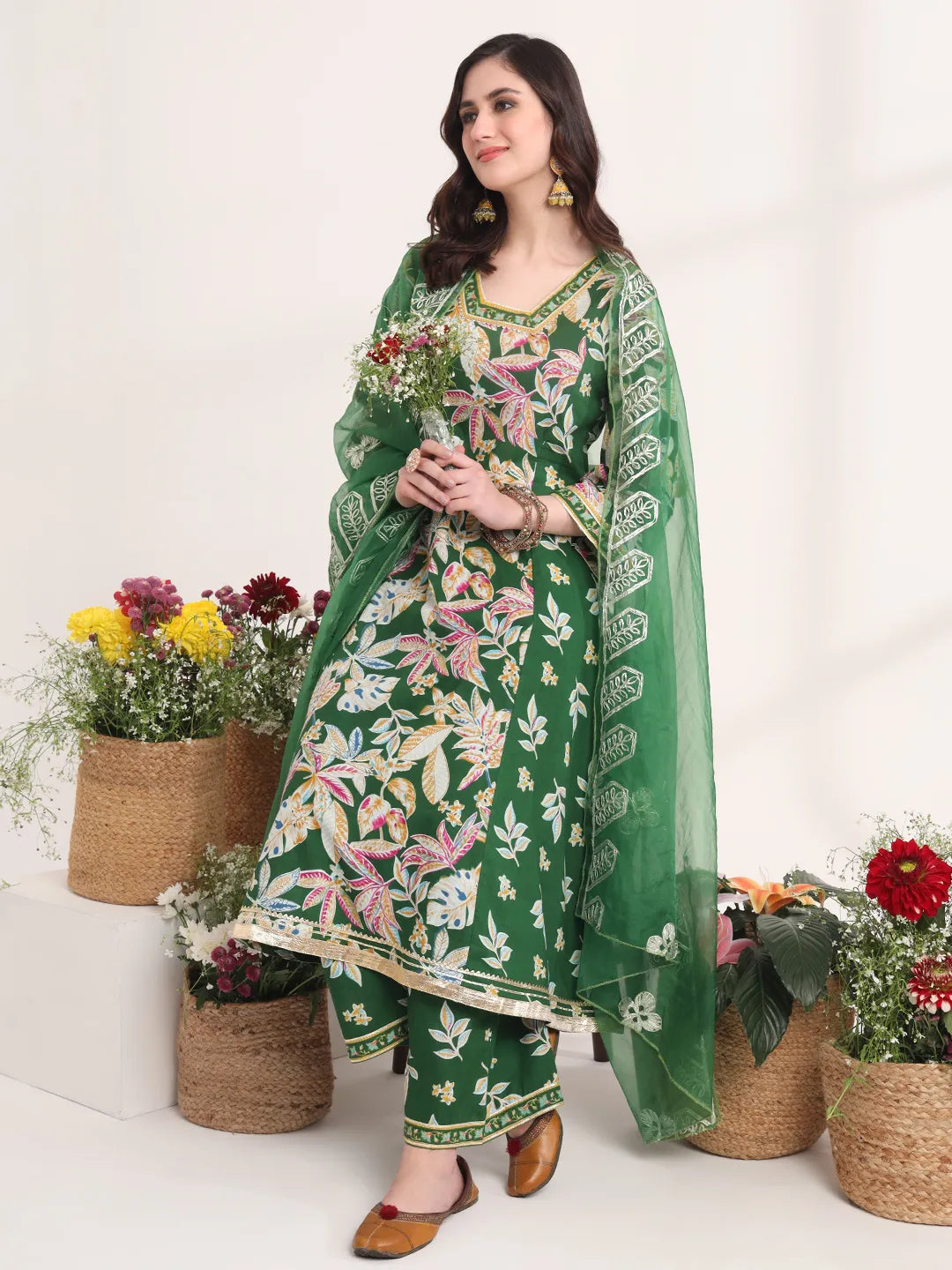 Yufta Green Floral Print A-Line Kurta Trouser And Dupatta Set - Distacart