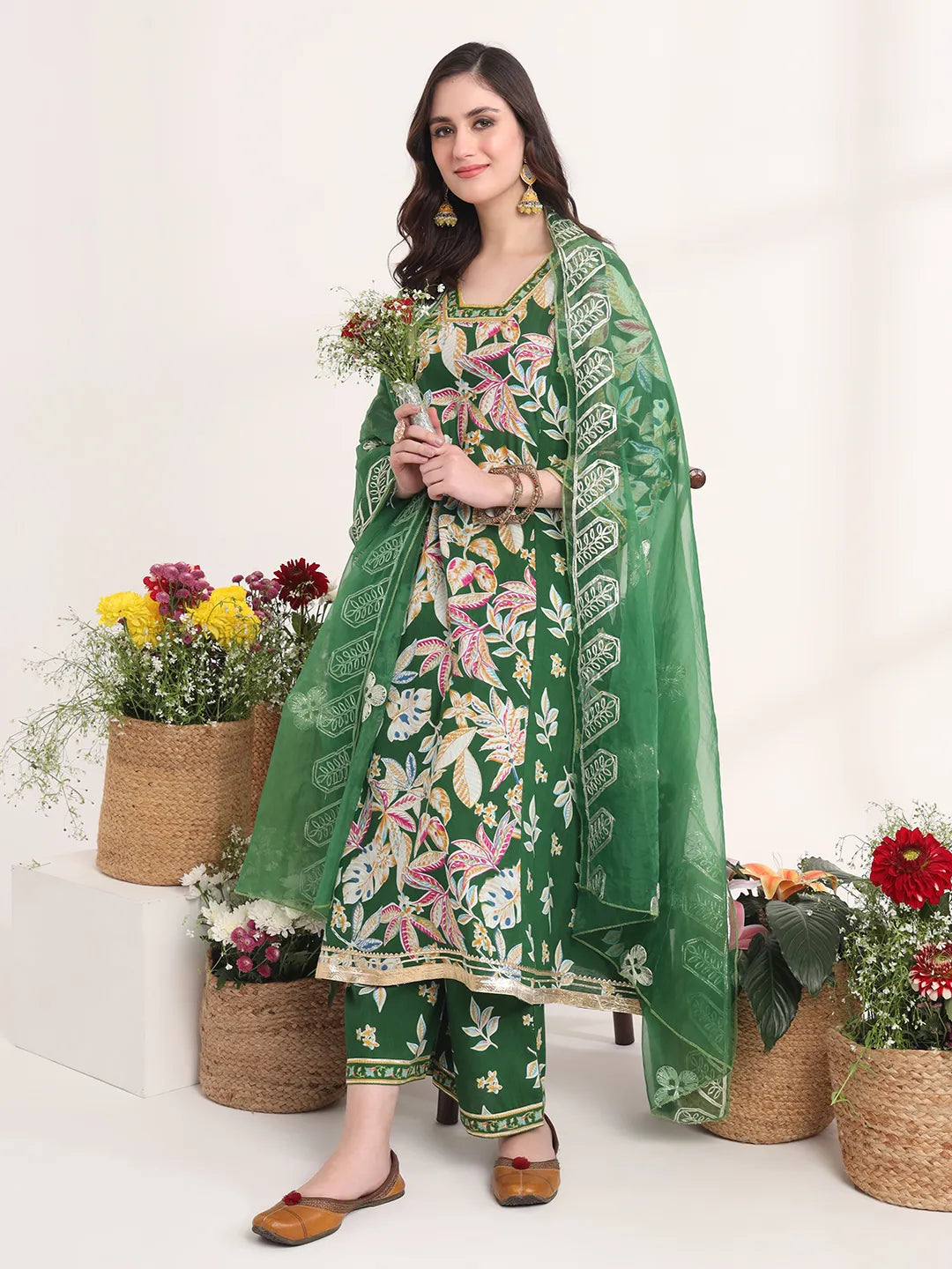 Yufta Green Floral Print A-Line Kurta Trouser And Dupatta Set - Distacart