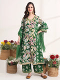 Yufta Green Floral Print A-Line Kurta Trouser And Dupatta Set - Distacart