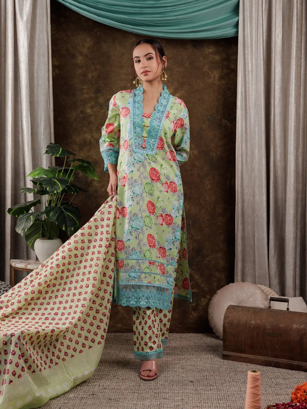 Yufta Green Floral Print Pure Cotton Beads Straight Kurta Dupatta Set With Lace Detailing