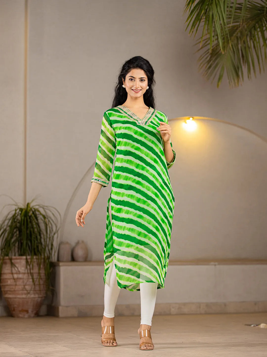 Yufta Green Georgette Lehriya Kurta