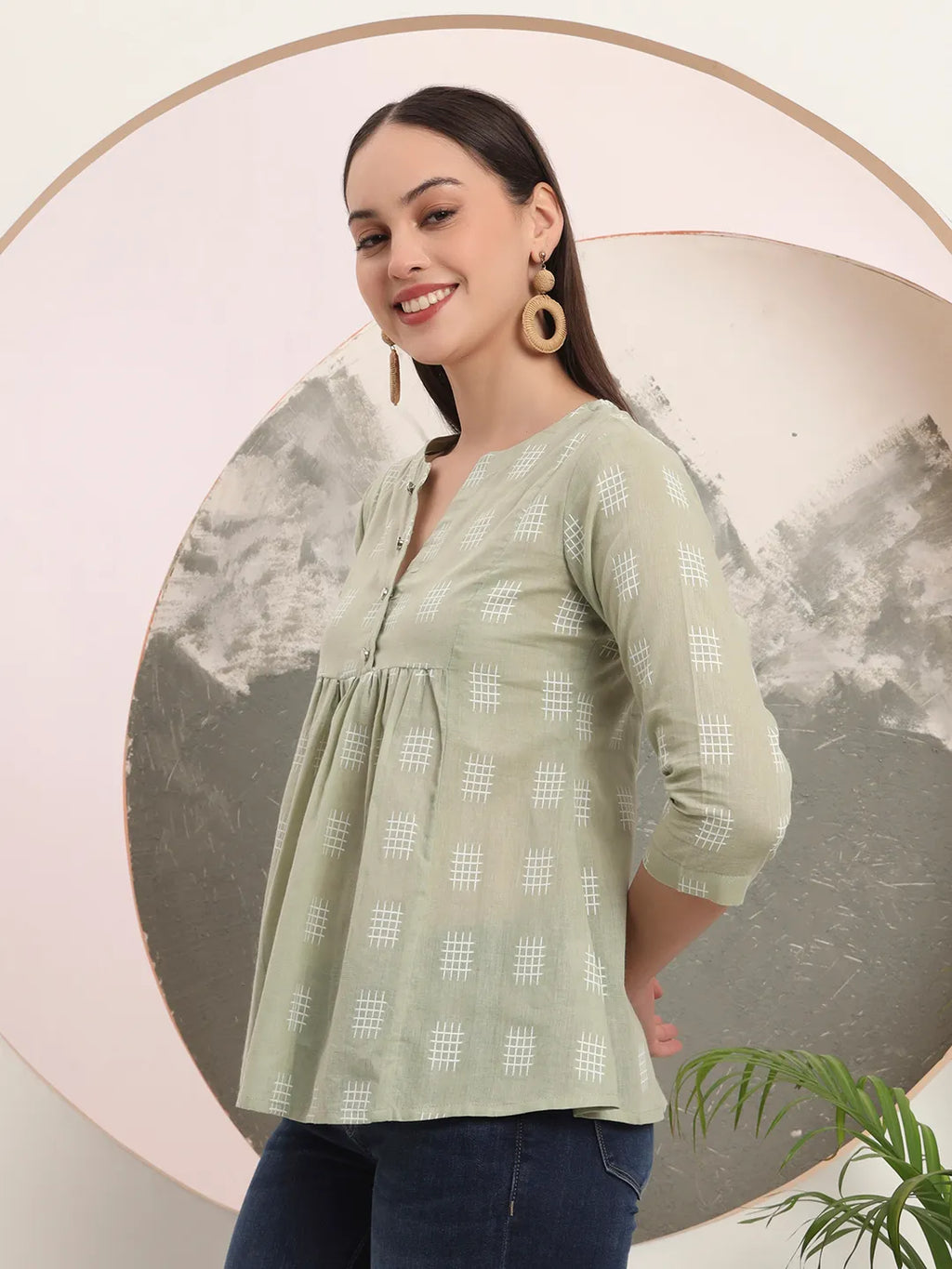 Yufta Green Handloom Cotton Gathered Or Pleated Top