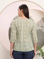 Yufta Green Handloom Cotton Gathered Or Pleated Top