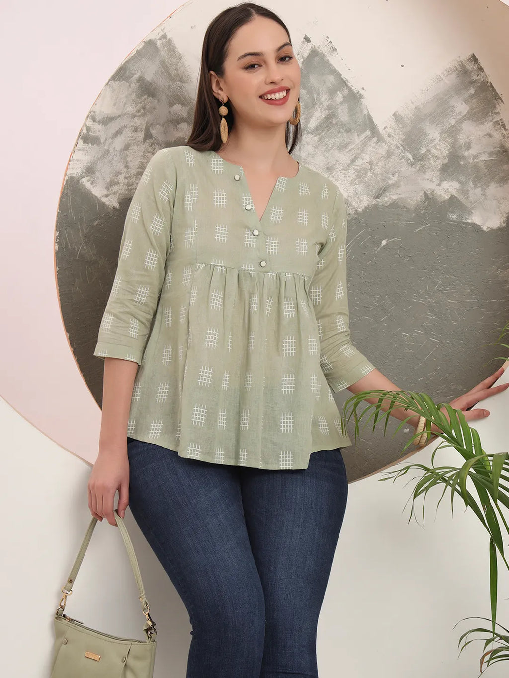 Yufta Green Handloom Cotton Gathered Or Pleated Top