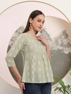 Yufta Green Handloom Cotton Gathered Or Pleated Top