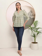 Yufta Green Handloom Cotton Gathered Or Pleated Top