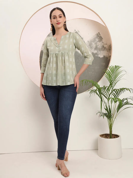 Yufta Green Handloom Cotton Gathered Or Pleated Top