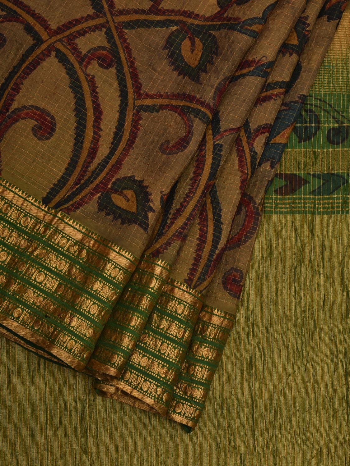 Green Kalamkari Hand Painted Gadwal Silk Handloom Saree with Floral Design - Global Threads