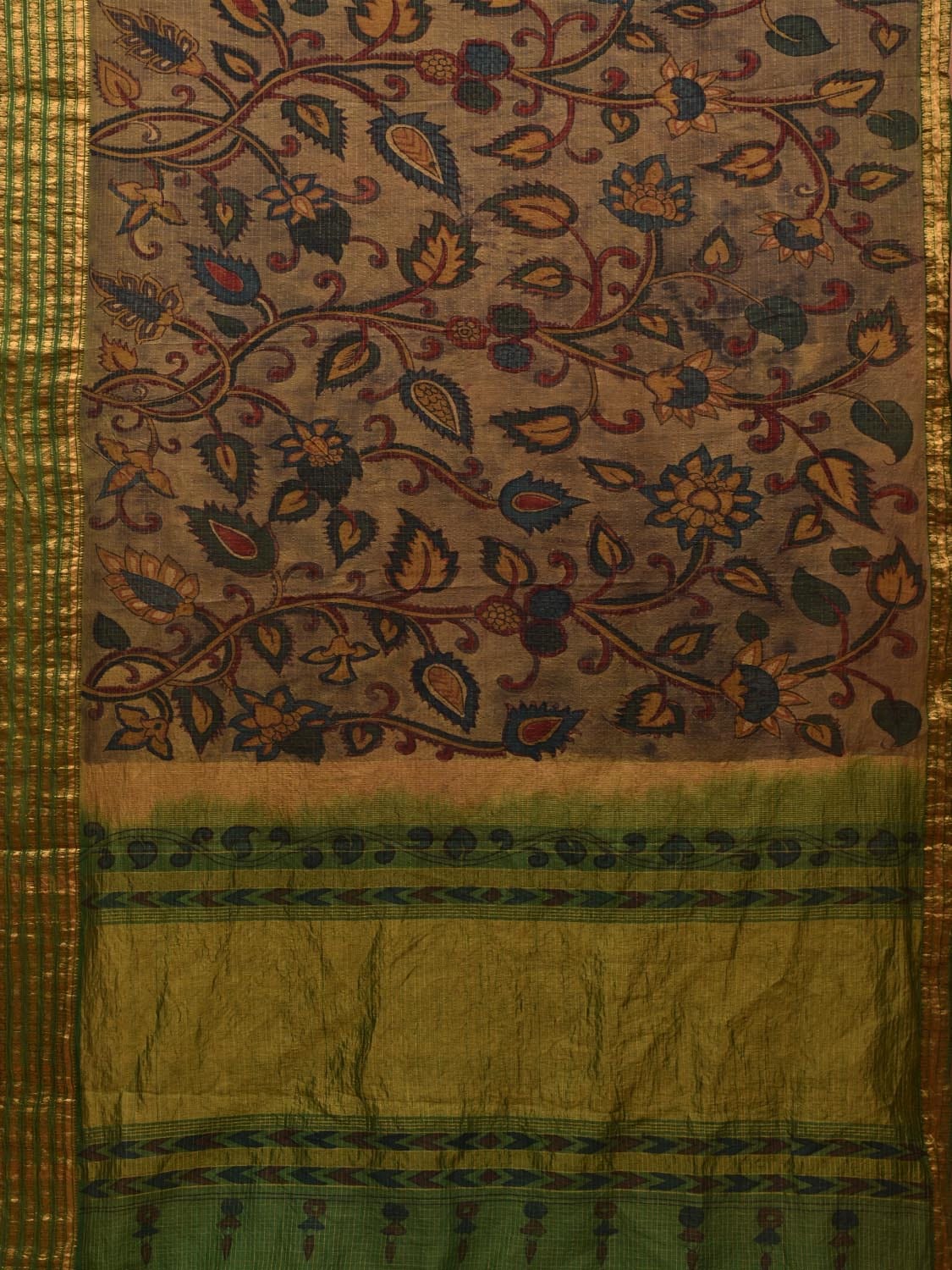 Green Kalamkari Hand Painted Gadwal Silk Handloom Saree with Floral Design - Global Threads