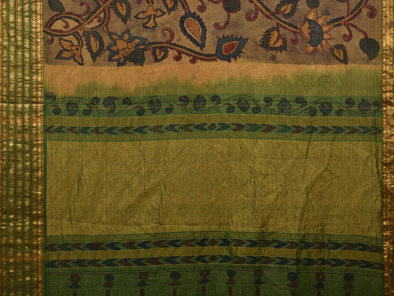Green Kalamkari Hand Painted Gadwal Silk Handloom Saree with Floral Design - Global Threads