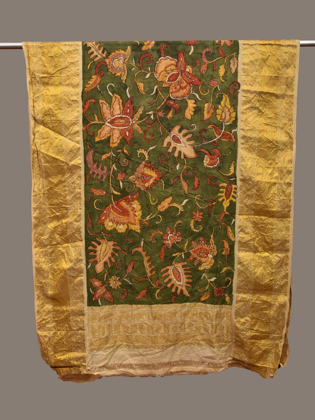 Green Kalamkari Hand Painted Kanchipuram Silk Handloom Dupatta with Floral Design - Global Threads