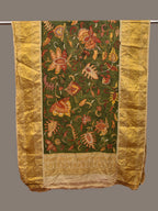 Green Kalamkari Hand Painted Kanchipuram Silk Handloom Dupatta with Floral Design - Global Threads