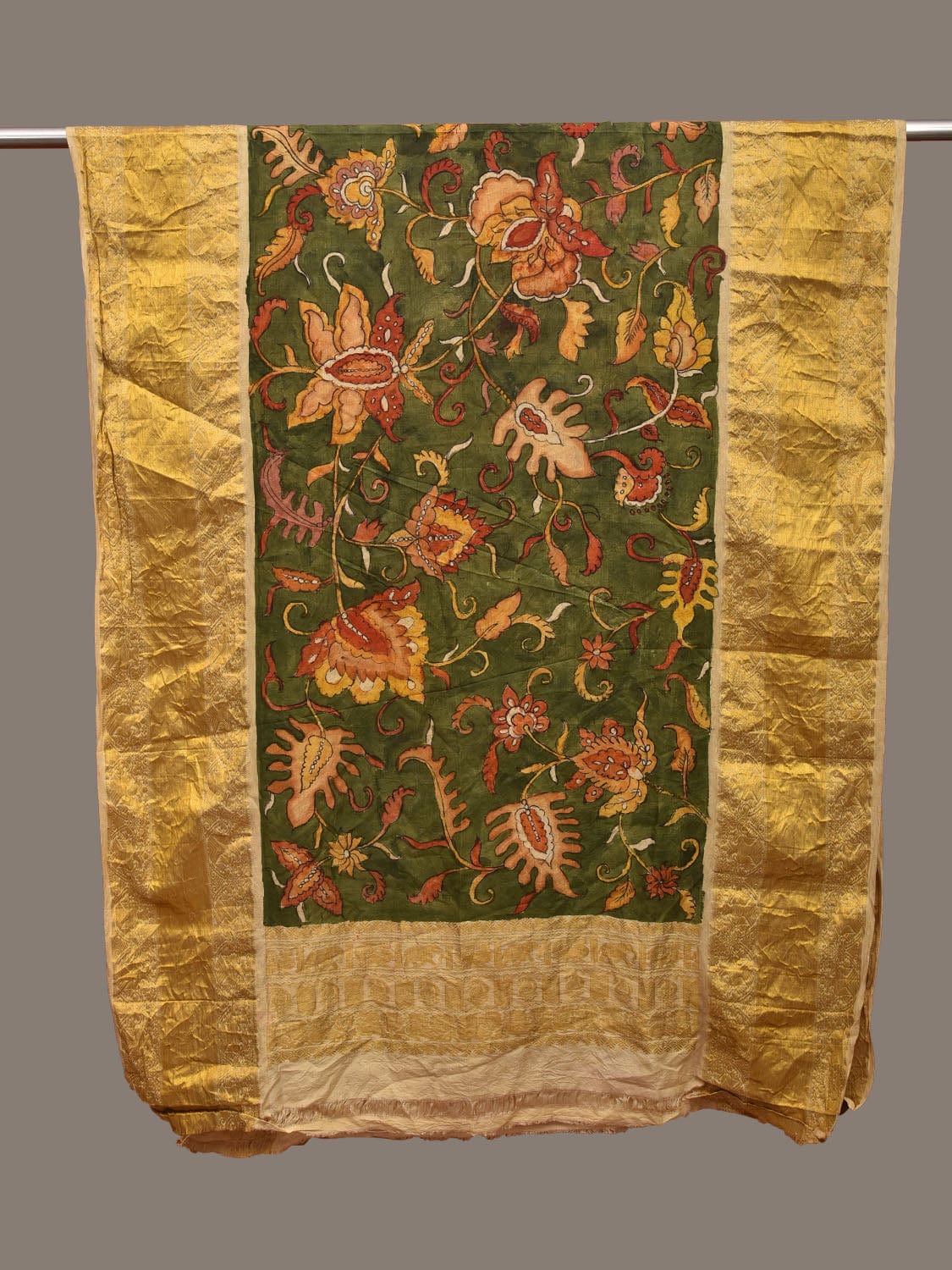 Green Kalamkari Hand Painted Kanchipuram Silk Handloom Dupatta with Floral Design - Global Threads