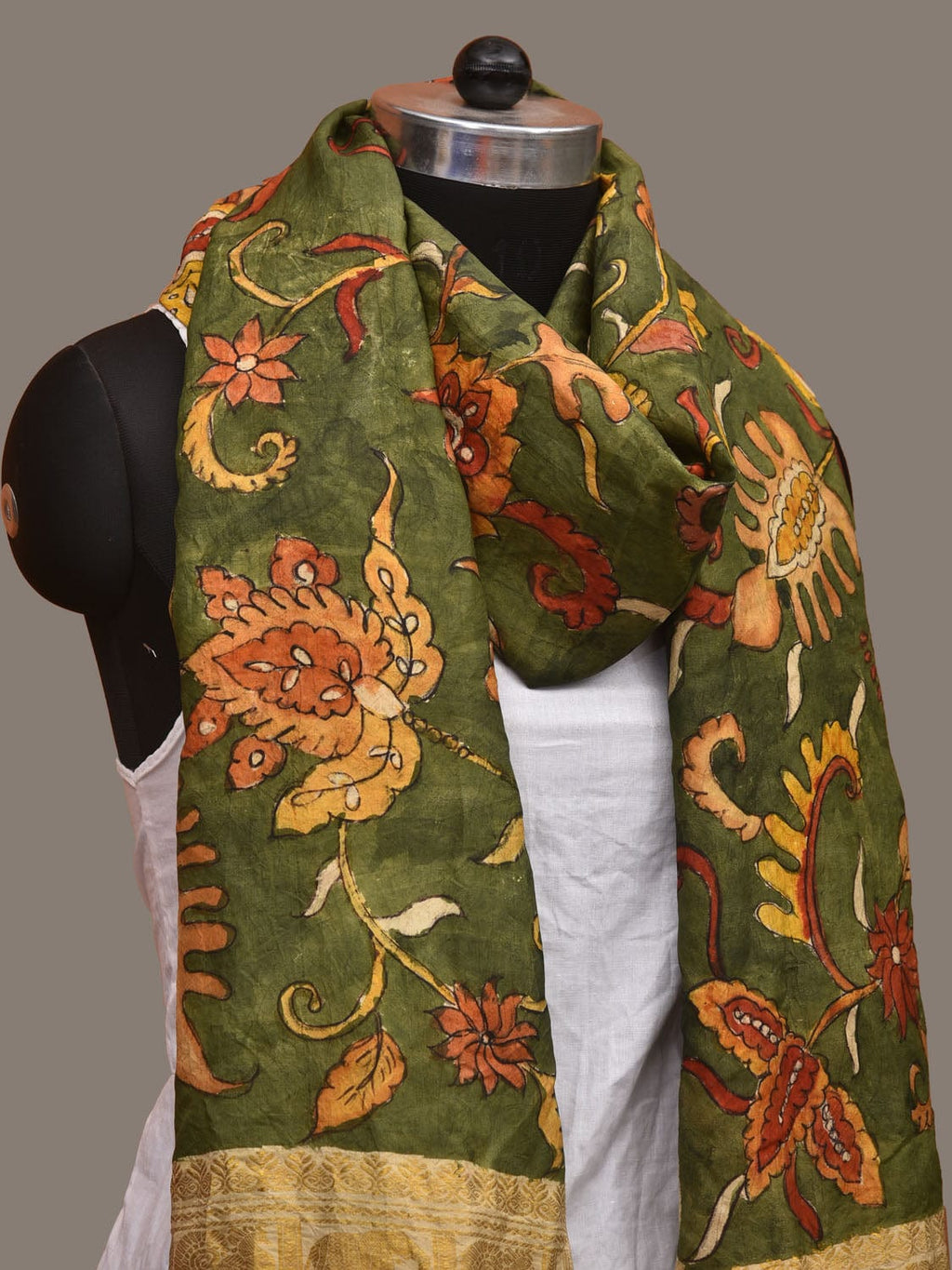 Green Kalamkari Hand Painted Kanchipuram Silk Handloom Dupatta with Floral Design - Global Threads