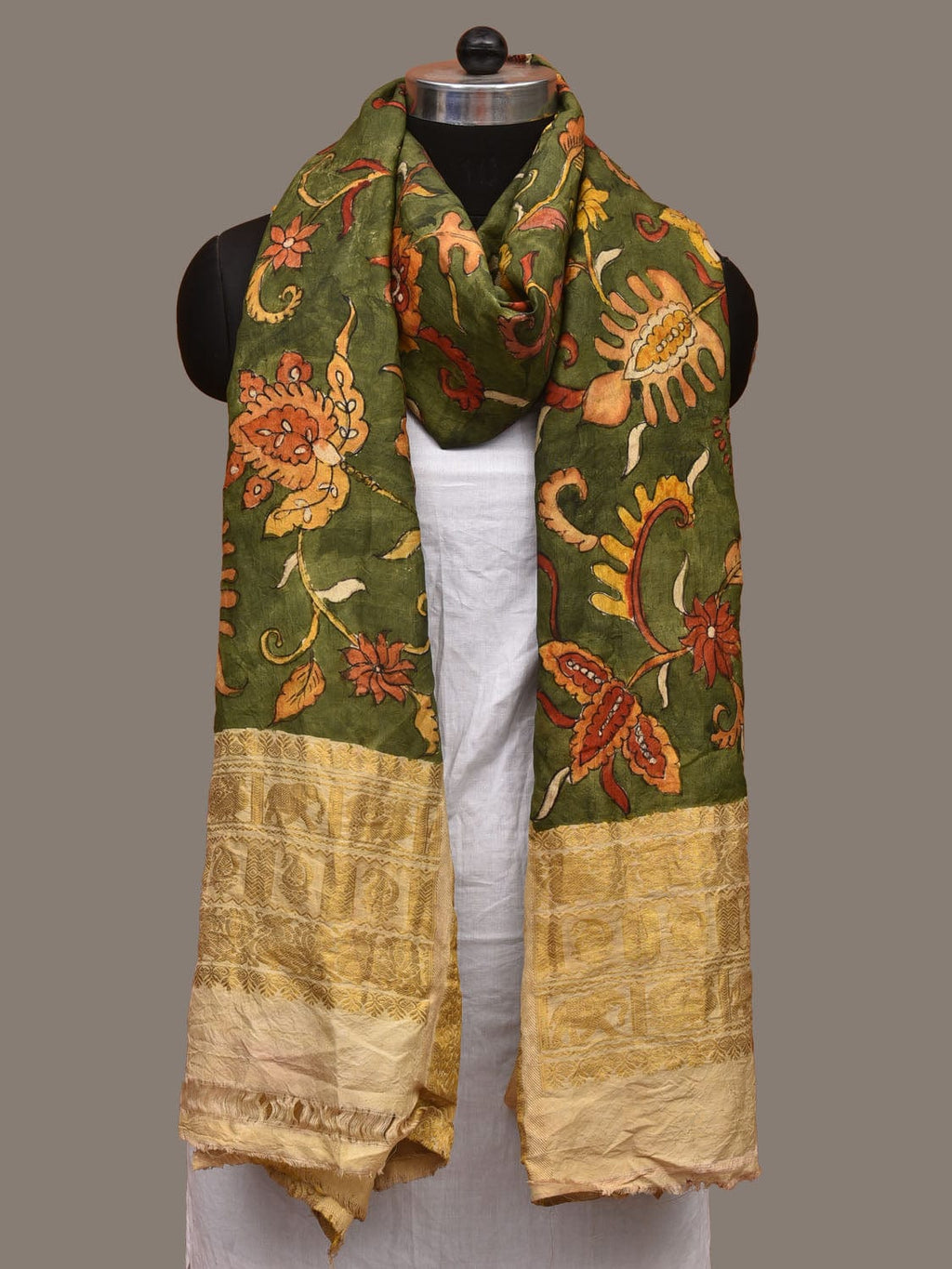 Green Kalamkari Hand Painted Kanchipuram Silk Handloom Dupatta with Floral Design - Global Threads