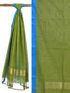 Green Khadi Cotton Handloom Dupatta with Silk Temple Border - Global Threads