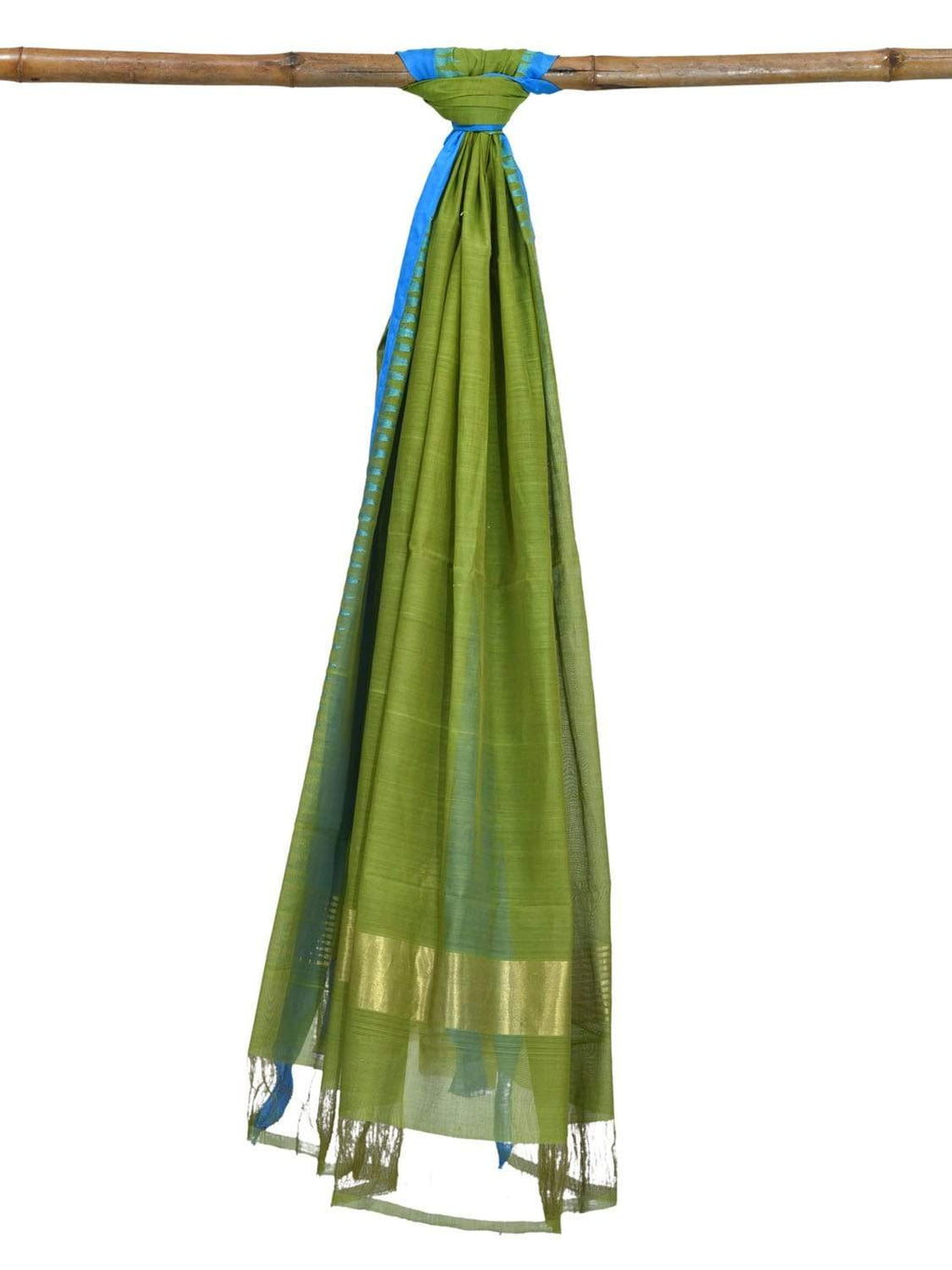 Green Khadi Cotton Handloom Dupatta with Silk Temple Border - Global Threads