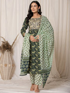 Yufta Green Paisley Pure Cotton Straight Kurta And Trouser With Dupatta Set