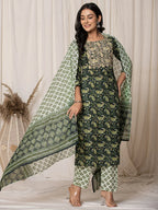 Yufta Green Paisley Pure Cotton Straight Kurta And Trouser With Dupatta Set