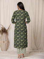 Yufta Green Paisley Pure Cotton Straight Kurta And Trouser With Dupatta Set