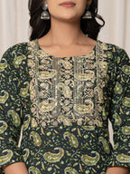 Yufta Green Paisley Pure Cotton Straight Kurta And Trouser With Dupatta Set