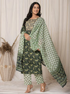 Yufta Green Paisley Pure Cotton Straight Kurta And Trouser With Dupatta Set