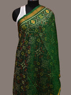 Green Pochampally Ikat Silk Handloom Dupatta with Grill Design - Global Threads