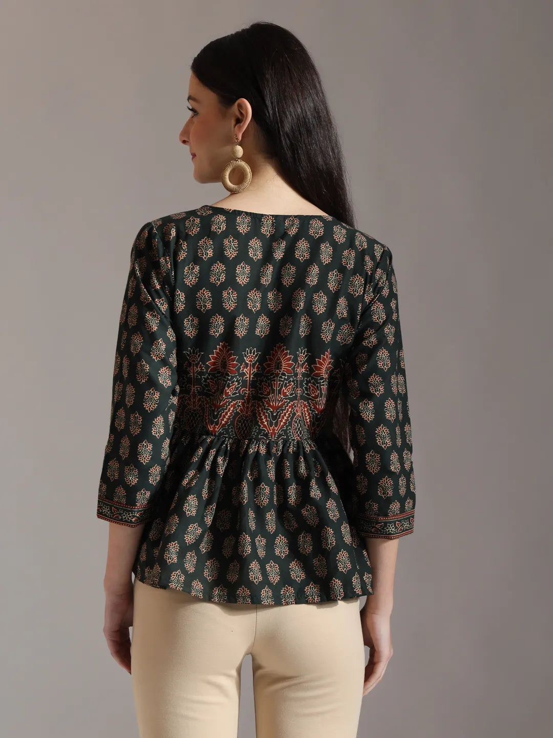 Yufta Green Pure Cotton Ethnic Motifs Dori Work Design Gathered Or Pleated Top