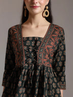 Yufta Green Pure Cotton Ethnic Motifs Dori Work Design Gathered Or Pleated Top