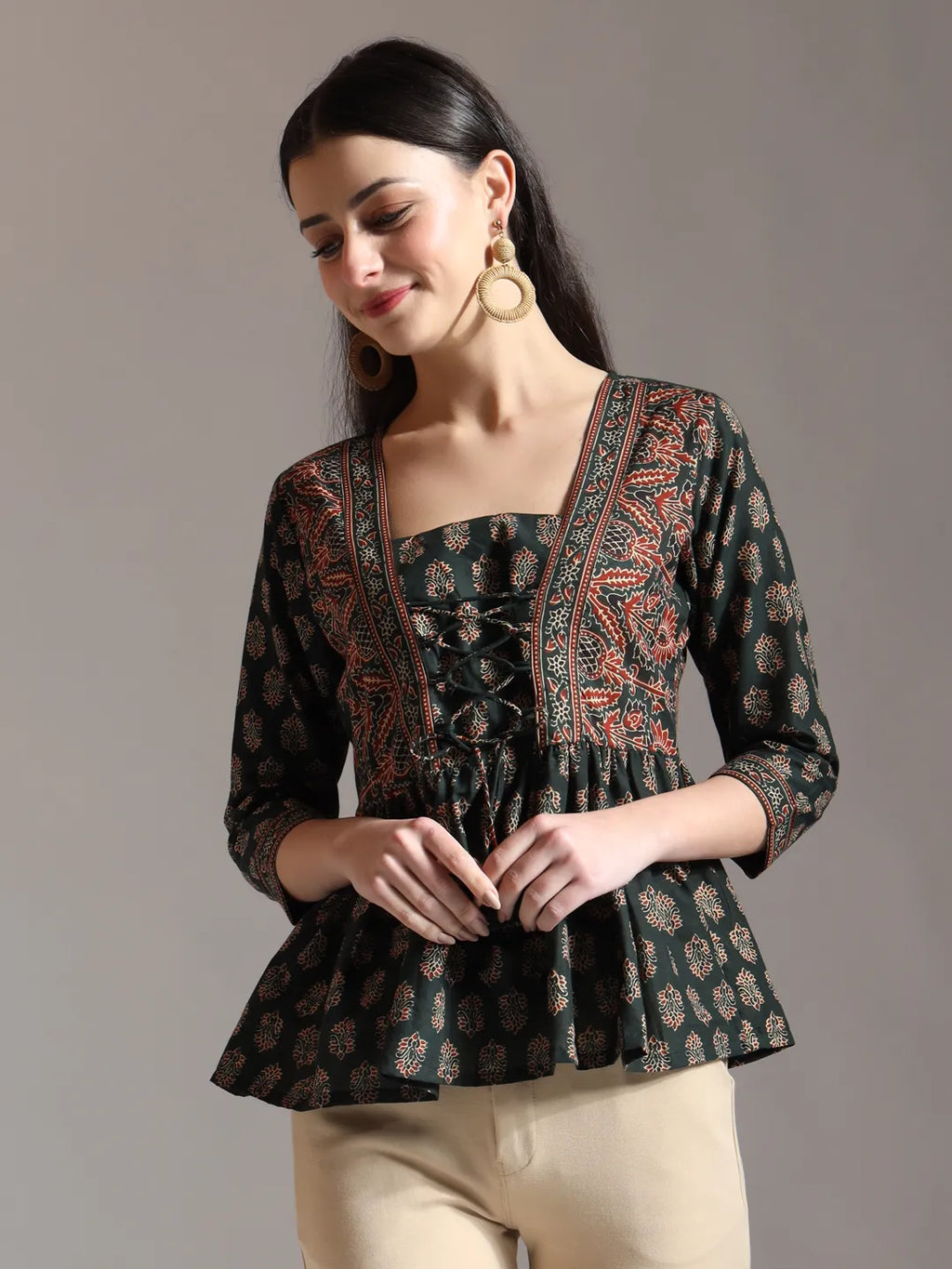 Yufta Green Pure Cotton Ethnic Motifs Dori Work Design Gathered Or Pleated Top