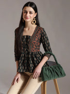 Yufta Green Pure Cotton Ethnic Motifs Dori Work Design Gathered Or Pleated Top