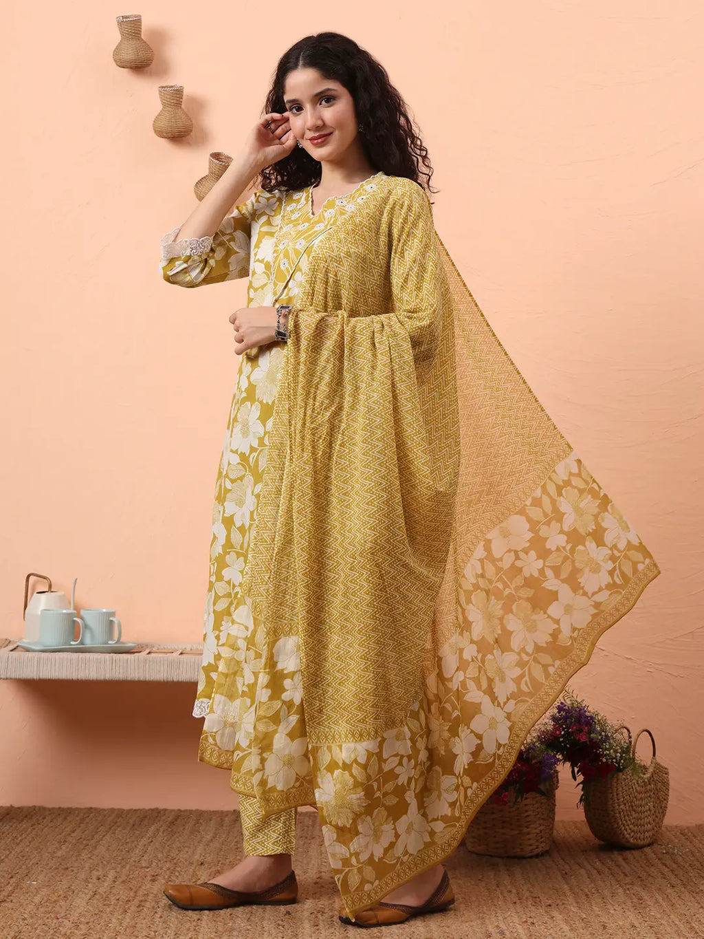 Yufta Green Pure Cotton Ethnic Motifs Straight Kurta Pant Set