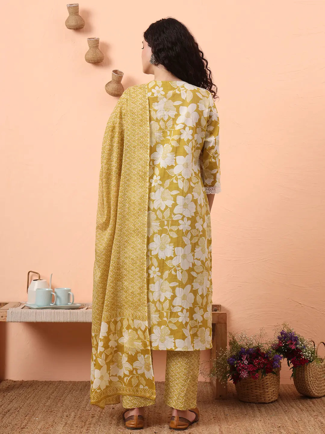 Yufta Green Pure Cotton Ethnic Motifs Straight Kurta Pant Set