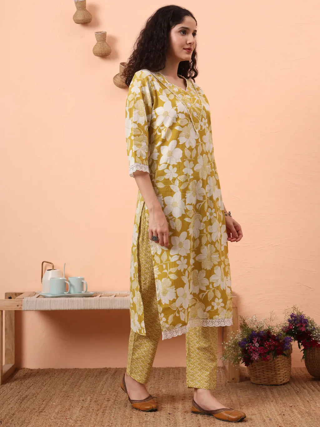 Yufta Green Pure Cotton Ethnic Motifs Straight Kurta Pant Set