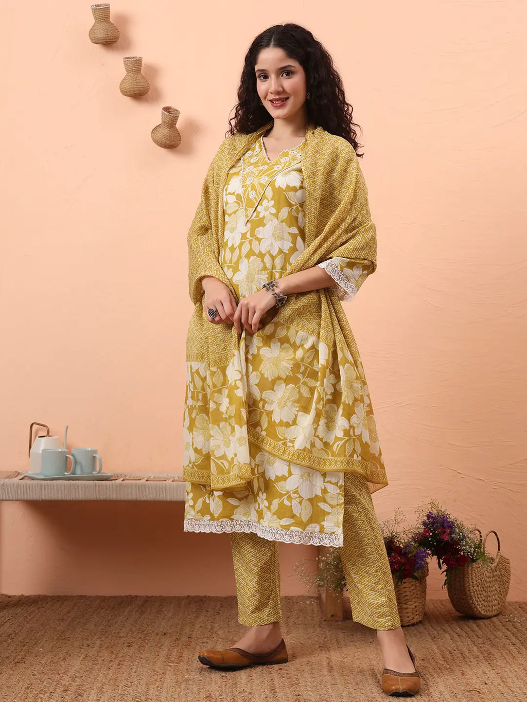 Yufta Green Pure Cotton Ethnic Motifs Straight Kurta Pant Set