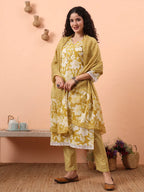 Yufta Green Pure Cotton Ethnic Motifs Straight Kurta Pant Set