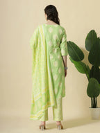 Yufta Green Pure Cotton Floral PrintThreadWork Kurta Dupatta Pant Set