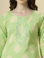 Yufta Green Pure Cotton Floral PrintThreadWork Kurta Dupatta Pant Set