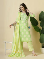 Yufta Green Pure Cotton Floral PrintThreadWork Kurta Dupatta Pant Set